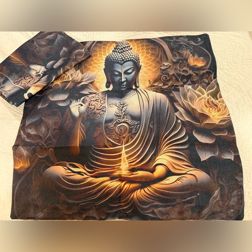 Set/2 Buddah & Lotus decorative canvas standard square pillow covers NIB